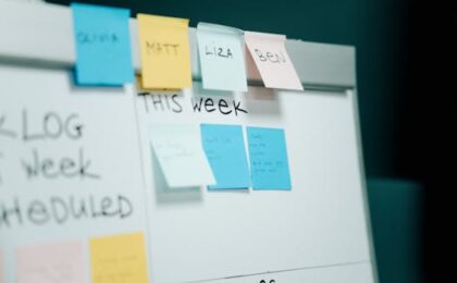 Close-up of a whiteboard with colorful sticky notes for task organization and planning.